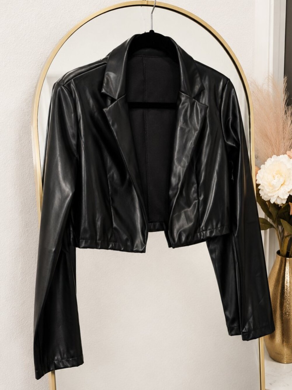 Black Faux Leather Cropped Blazer Jacket - Picture 2 of 2